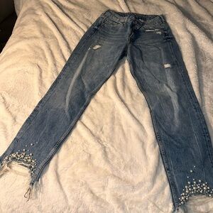 Girlfriend fit blue jean pearl like beaded hem